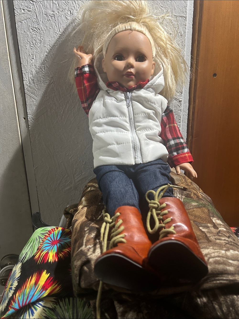 American Girl Alexandria Blonde Doll in White Vest, Red Plaid Top and Blue Jeans